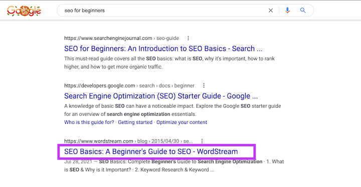 meta title tag example in the SERP
