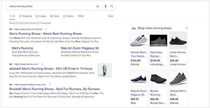 search engine results page for search term mens running shoes