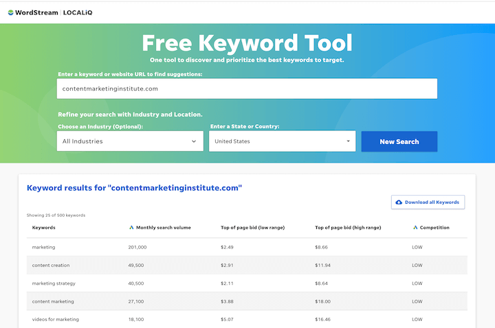 competitor keyword tools - wordstream's keyword tool