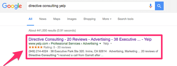 local marketing ideas: yelp listing on the SERP