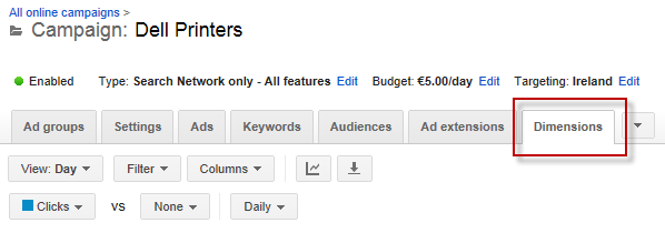 using the adwords dimensions tab