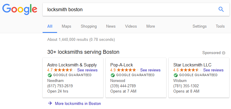 local service ads - example of a local locksmith service ad on Google SERP
