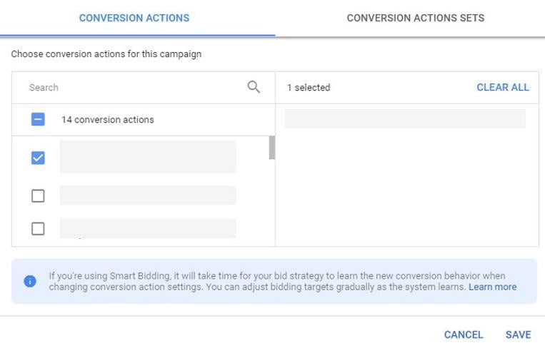 conversion actions settings