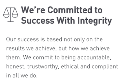 screenshot of company core values statement "we're committed to success with integrity"