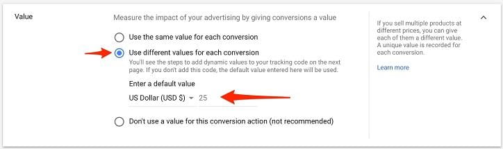 create dynamic conversion value view in Google Ads