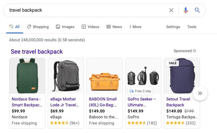 Google Shopping results for backpack search