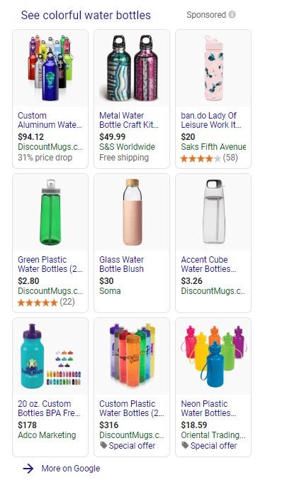 Google Shopping results for "colorful waterbottles"
