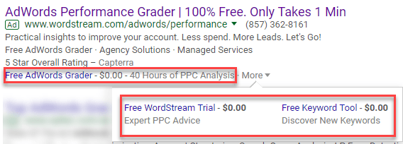 zero dollar price extension google adwords