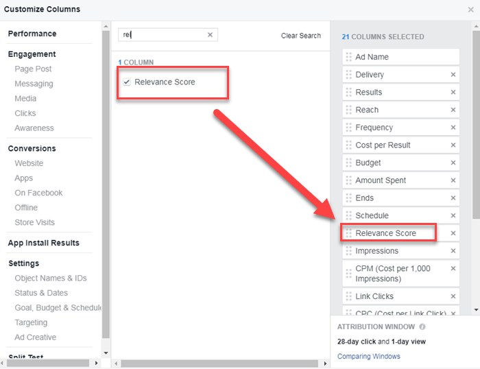 facebook ads manager creating custom view for relevance score and expected feedback