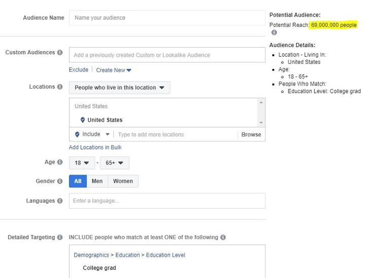 Facebook ad targeting by demographic potential reach