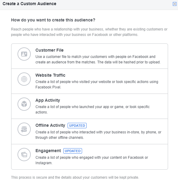 Facebook ads checklist audience options