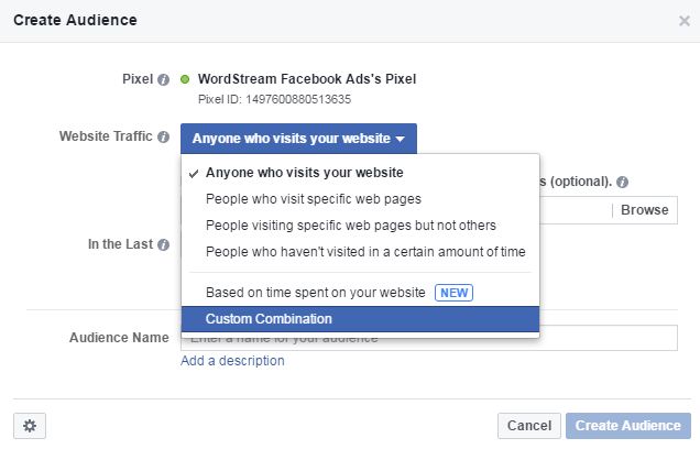 Facebook conversion tracking Custom Combination audience