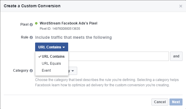 Facebook conversion tracking custom conversion URL contains