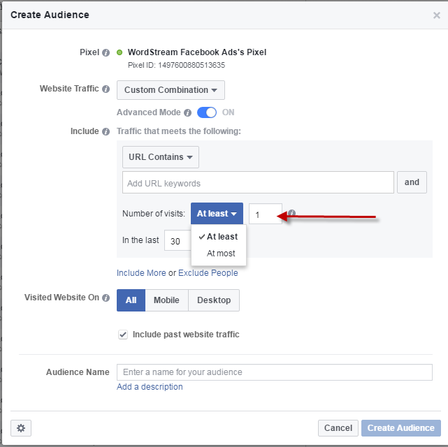 Facebook conversion tracking Pages Visited At Least audience
