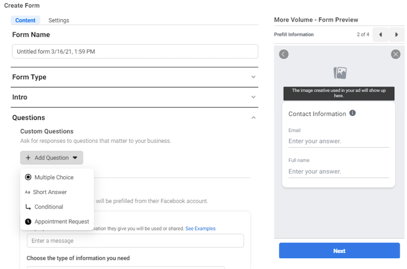 how to collect first-pary data in a cookieless world—screenshot of lead gen form with custom questions in facebook ads