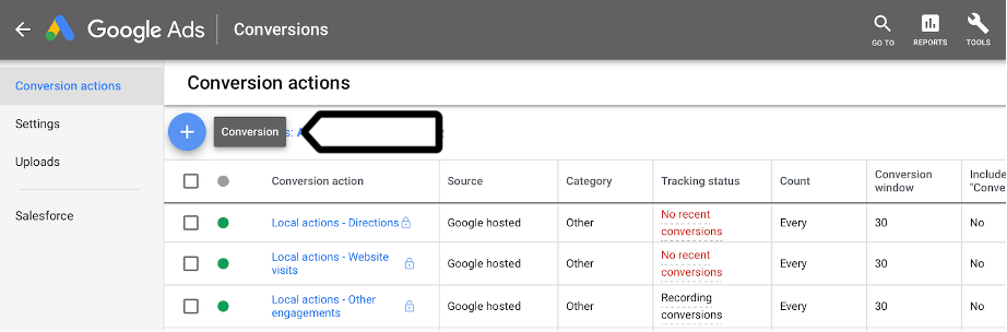 google ads conversion tracking conversion actions tab