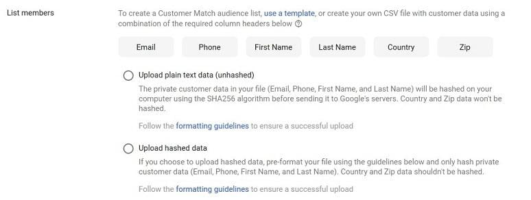 Google's Customer Match list member options