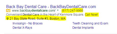 healthcare marketing advertisement showing ad extensions