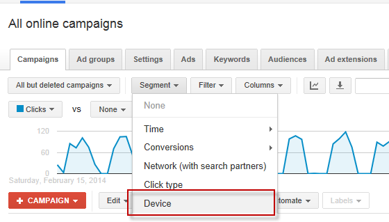 healthcare marketing screenshot of segmenting by device in adwords