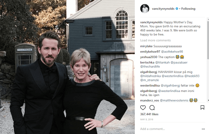 ryan reynolds mothers day instagram caption example