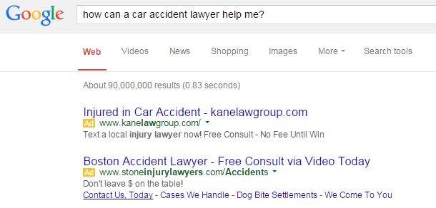 Law firm marketing screenshot of ads on the SERPs