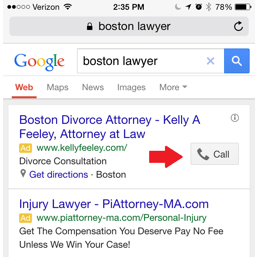 Law firm marketing screenshot of the call button in an ad on the SERPs