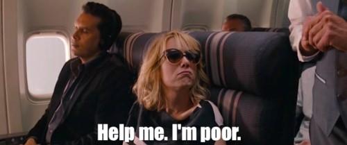 Law firm marketing image from Bridesmaids of Kristen Wigg on the plane saying "help me I'm poor."