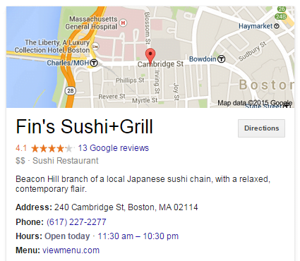 Local business marketing screenshot of Fin's Sushi Google My Business listing