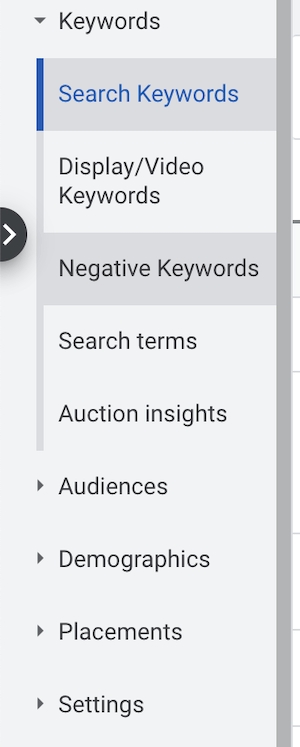 negative keywords menu