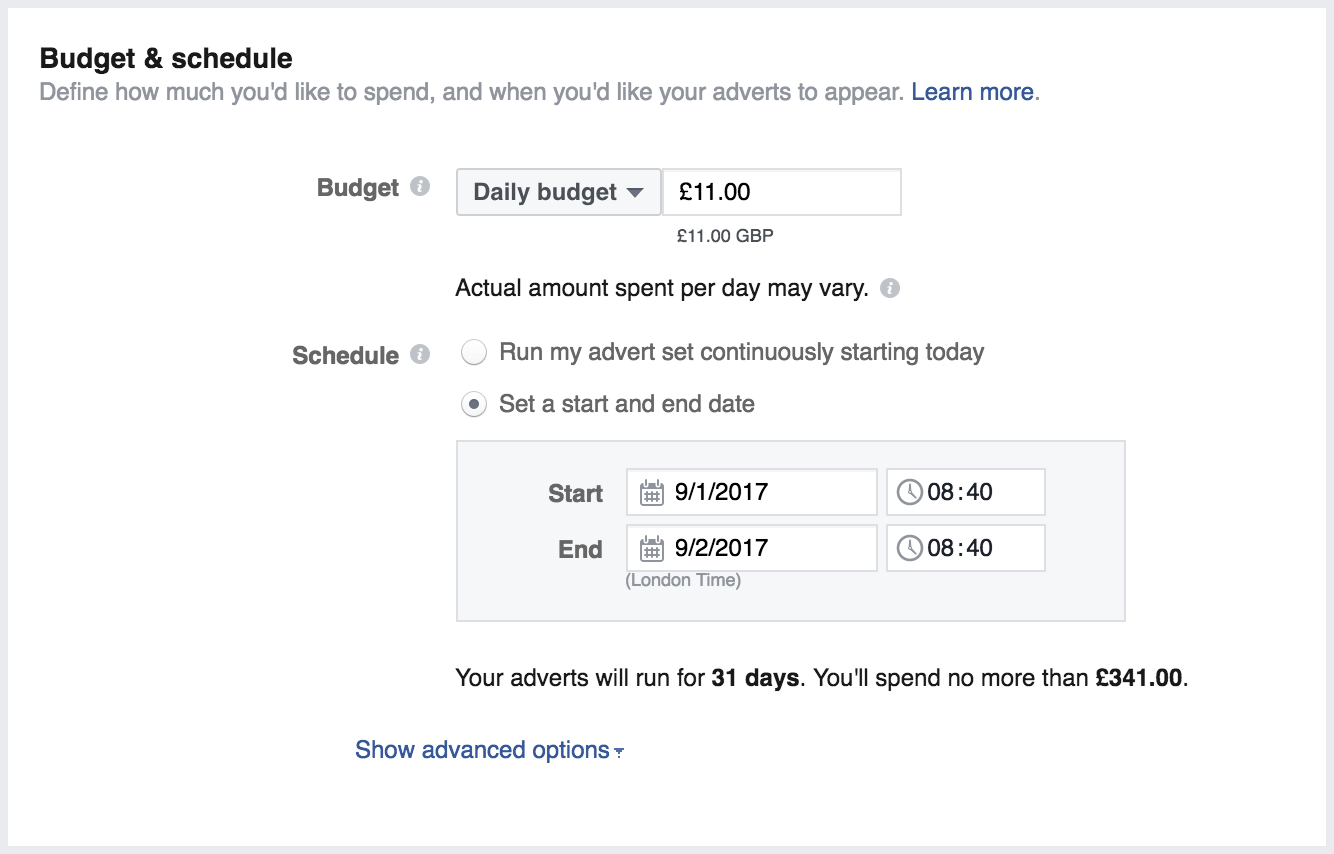 Online advertising costs Facebook Ads daily budget settings