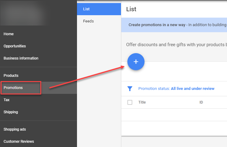 Google Merchant Center promotions tab
