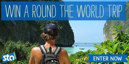 travel marketing sta display ad with image of backpacker and text saying "win a round the world trip, enter now"