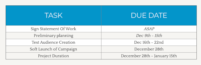 task and due date chart in a business proposal example