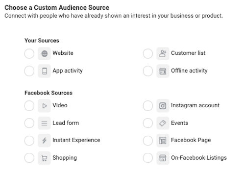 facebook ads - choose custom audience source