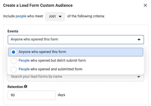 facebook ads - lead form custom audience setup