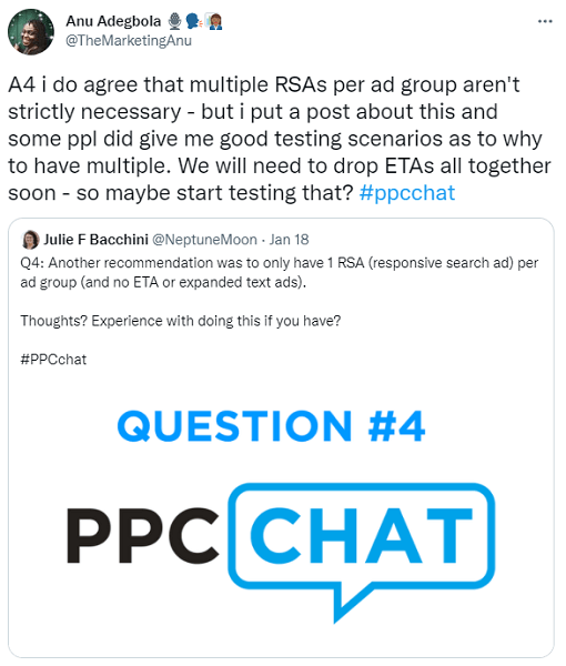 ppc influencers for 2022 - anu adegbola ppcchat tweet response regarding responsive search ads