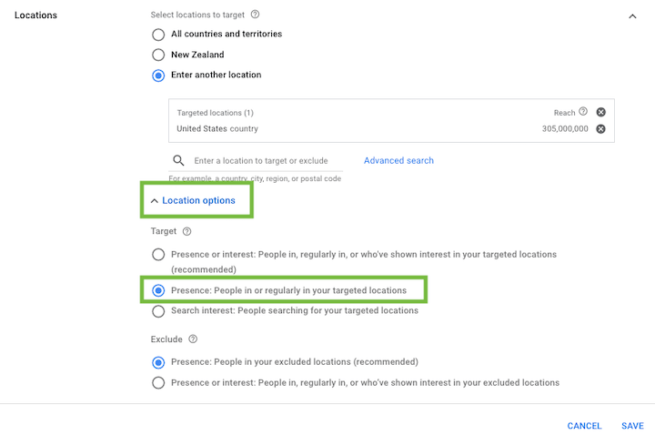 how to save money in google ads - location targeting options