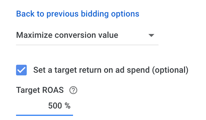 target roas option in the max conversion value bidding strategy in google ads
