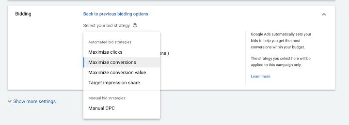 how to run google ads - screenshot of search campaign bid strategy options