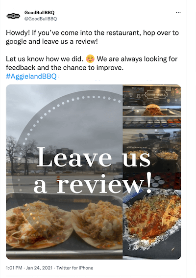 how to market a restaurant - twitter post asking for review