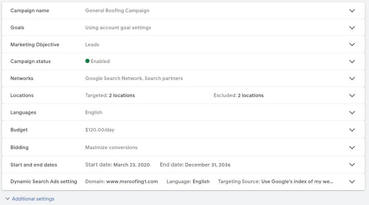 google ads account anatomy - campaign settings screenshot