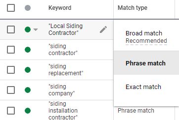 google ads account anatomy - example of the keyword match type drop down menu in google ads
